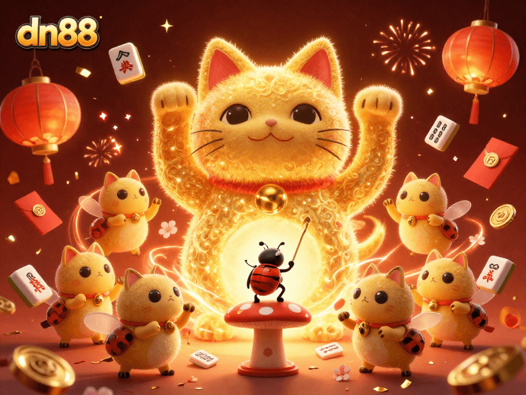 Experience thrilling wins at dn88 with a vibrant scene of casino symbols and a majestic lucky cat.