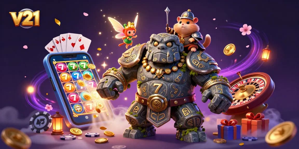 Menangkan permainan slot seru di v21 dengan golem penjaga dan teman si hamster berperang!