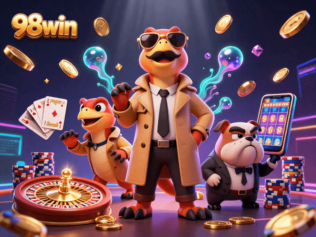 Engage with 98win’s thrilling casino experience as cartoon raptors in disguise enter a VIP lounge, surrounded by sparkling coins.