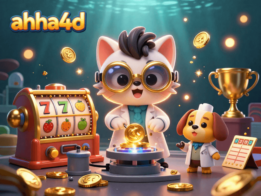 Gali koin emas dengan ahha4d dalam ilustrasi kasino 3D yang penuh warna dan detail, menampilkan karakter unik.