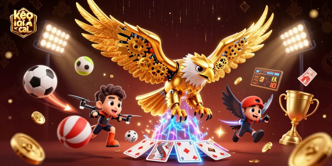 Experience thrilling sports betting dynamics at kèo nhà cái with a majestic golden eagle diving through colorful holographic cards.