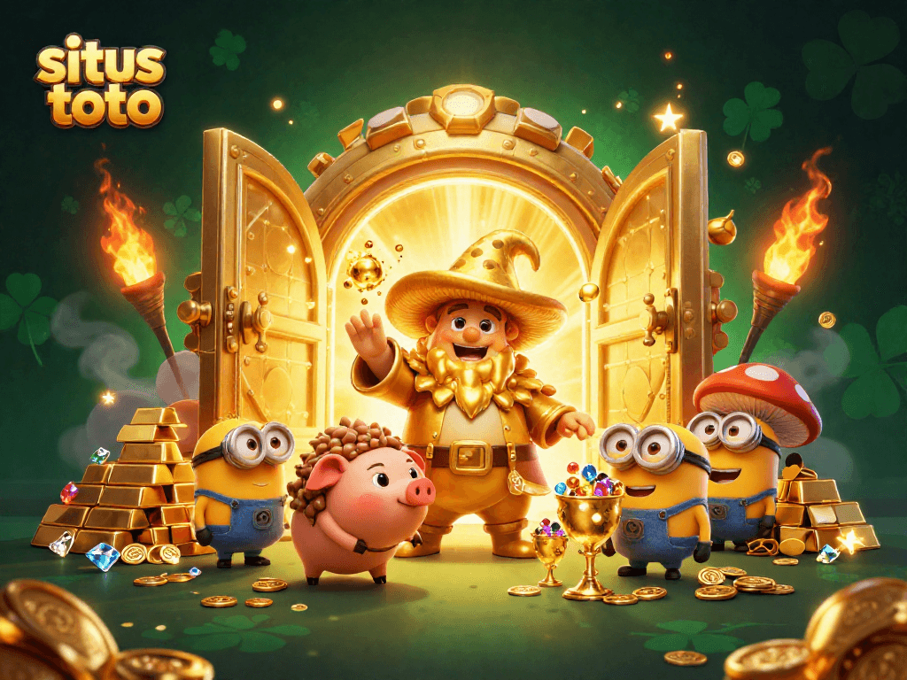 Menampilkan situs toto dengan penyihir jamur emas dan babi truffle menemukan harta karun dalam ilustrasi 3D