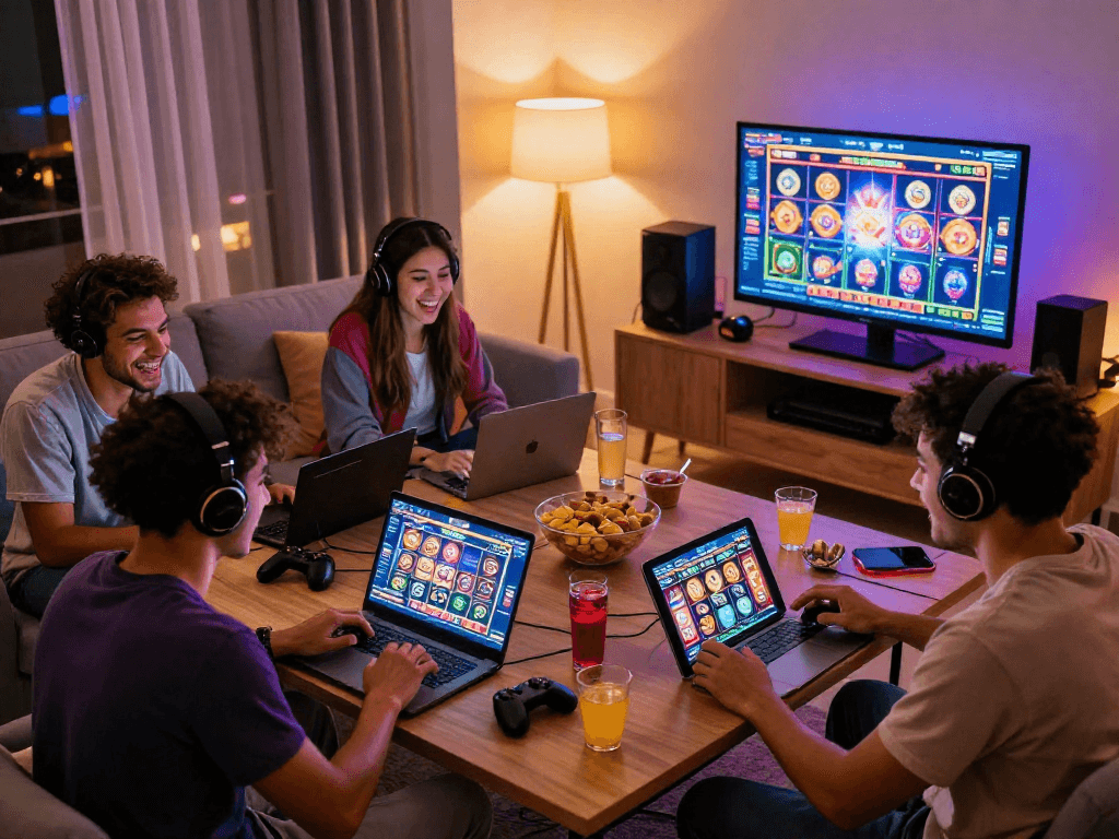 Dynamic group of friends enjoying slot resmi games together in a cozy living room setting.